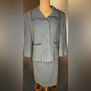 Sansappelle Blue Patterned Vintage Blazer And Skirt Suit Set 100% Wool Size 8